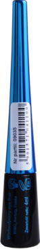 Niebieski, metaliczny eyeliner WIBO, butelka z czarną podstawą, widok z przodu, widoczny kod i 4ml.
