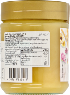 Tył złotego słoika miodu wielokwiatowego Rossmann enerBiO, etykieta z wartościami odżywczymi, barcode.
