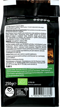 Tył czarnej paczki kawy BIO Espresso Classico enerBiO 250g, z białym tekstem i zielonymi logo.