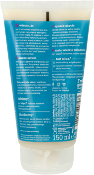 Tył białej tubki serum Tołpa 150ml do liftingu i ujędrniania, z niebieskim akcentem i opisem składników.