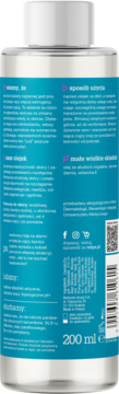 Tył butelki olejku do ciała zapobiegającego rozstępom, 200ml, niebieska etykieta, opis w języku polskim.