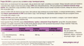 Ulotka informacyjna suplementu Pregna 250 DHA dla ciężarnych, z fioletową tabelą na jasnym tle.