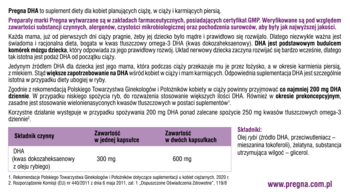 Ulotka informacyjna Pregna DHA, suplementu diety dla kobiet w ciąży, z fioletowymi detalami i tabelą.