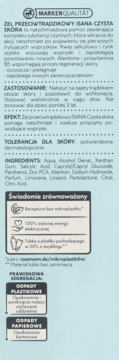 Tył opakowania żelu Isana Czysta Skóra, opis składu, zastosowania i korzyści, na jasnoniebieskim tle z informacjami o recyklingu.