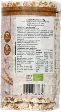 Tył cylindrycznego opakowania wafli orkiszowych enerBiO 115g z danymi, logo wegan i bez laktozy.
