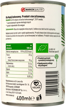 Tył puszki Bio napoju kokosowego enerBIO, z tabelą wartości odżywczych i logo WEGAN, pojemność 400ml.