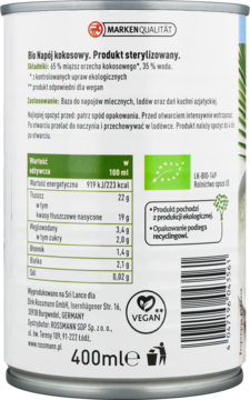Tył metalowej puszki Bio napoju kokosowego enerBIO 400ml, z polską etykietą, wegański, informacje żywieniowe.