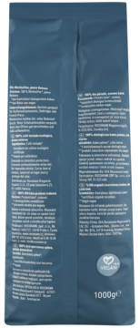 Tył ciemnoszarego opakowania kawy enerBiO Caffé Crema ziarna arabica BIO 1000g, z tekstem i logo Vegan.