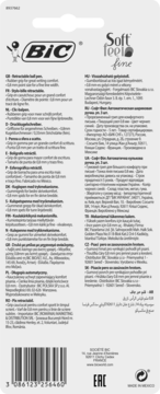 Tył opakowania długopisu BIC Soft Tool Fine, z wielojęzycznym opisem cech i kodem kreskowym.