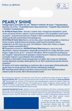 Tył opakowania NIVEA Pearly Shine, pielęgnującego balsamu do ust z listą składników i opisem produktu.