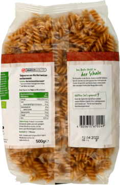 Tył opakowania brązowego makaronu pełnoziarnistego enerBiO typu spirale z pszenicy durum, 500g.