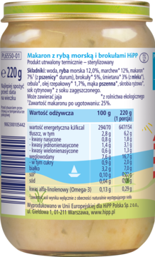 Tył szklanego słoiczka HiPP, Makaron z rybą i brokułami. Widoczna etykieta z tabelą wartości odżywczych i składem.