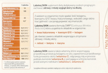 Bliskie ujęcie opakowania suplementu Laboteq Skin, ukazujące tabelę składników i opis działania dla młodej skóry.