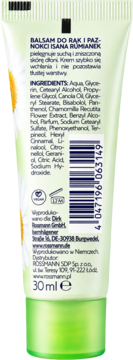 Tylna etykieta tubki balsamu Isana Rumianek 30ml, zielono-biała, z listą składników i kodem EAN.
