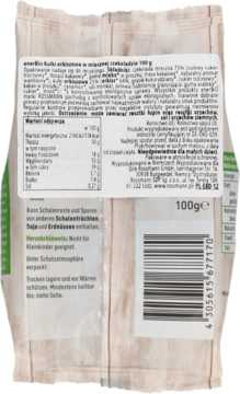 Tył beżowego opakowania bio kulek orkiszowych 100g w mlecznej czekoladzie, z etykietą i kodem kreskowym.