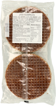Tył opakowania bio-wafli z nadzieniem miodowym. Dwa okrągłe, brązowe wafle o waflowej teksturze w przezroczystej folii.