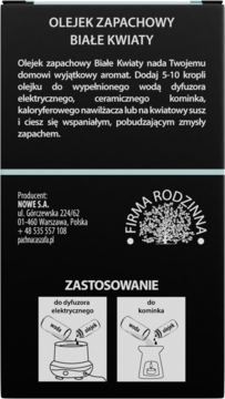 Tył opakowania olejku zapachowego Białe Kwiaty z opisem użycia do dyfuzora, kominka i danymi producenta.