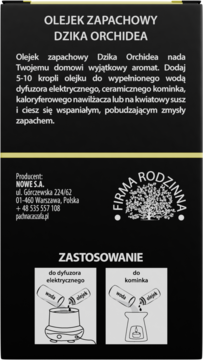 Tylna strona czarno-szarego opakowania olejku zapachowego Dzika Orchidea, z polskimi instrukcjami użycia.