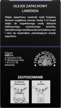 Czarna etykieta olejku zapachowego Lawenda NOWE S.A., zawiera informacje o użyciu, dane producenta i logo firmy.