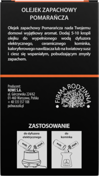 Tylna strona czarnego opakowania olejku zapachowego Pomarańcza z pomarańczowymi pasami i instrukcjami użycia.