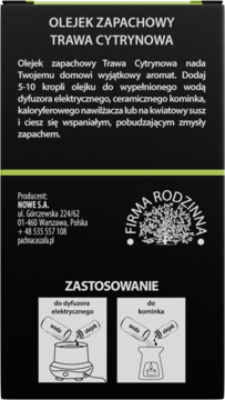 Tył czarnego opakowania olejku zapachowego Trawa Cytrynowa z zielonymi pasami, instrukcjami użycia i danymi producenta.