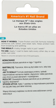 Tył białego opakowania Sally Hansen Maximum Growth, odżywki proteinowej z pomarańczowym paskiem, instrukcje w PL.