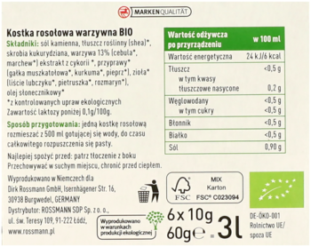 Tył opakowania enerBio Warzywnych kostek rosołowych BIO ze składnikami, wartością odżywczą i instrukcją przygotowania.