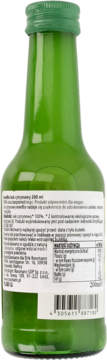 EnerBio sok cytrynowy 200ml, tył zielonej szklanej butelki z białą etykietą i kodem kreskowym.