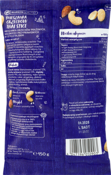 Tył granatowego opakowania mieszanki orzechów Thai Spice 150g z opisem, kodem kreskowym i datą ważności.