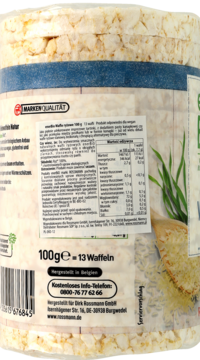 EnerBio Wafle ryżowe, widok z tyłu opakowania z etykietą zawierającą wartości odżywcze i dane producenta.