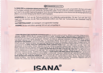 Różowo-białe opakowanie ISANA, tył chusteczek oczyszczających z bisabololem, 25 sztuk, widoczny niemiecki tekst.