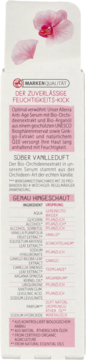 Tylna etykieta serum Alterra Anti-Age z Bio-Orchideą, niemiecki tekst, składniki i kwiat orchidei.