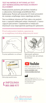 Instrukcja użycia testu pH do samokontroli infekcji intymnych, diagramy i infolinia na ulotce.
