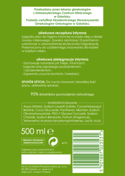 Tył zielonej butelki Ziaja Płyn Intymny Oliwkowy 500ml. Widoczne składniki, opis i kod kreskowy.