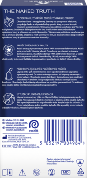 Durex Mutual Pleasure, tył ciemnoniebieskiego opakowania prezerwatyw z prążkami i lubrykantem, biały tekst, barcode.