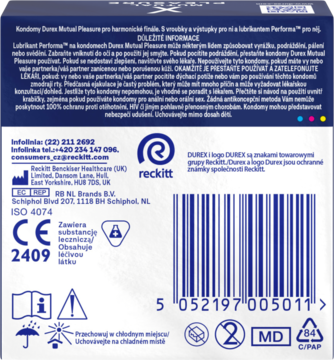 Tył ciemnoniebieskiego opakowania prezerwatyw Durex Mutual Pleasure 3 szt. z lubrykantem i prążkami, widoczny kod kreskowy.