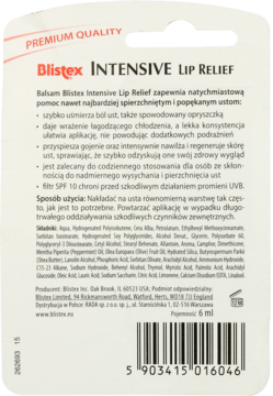 Tył białego opakowania balsamu do ust Blistex Intensive Lip Relief z opisem właściwości i kodem kreskowym.
