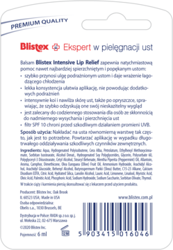 Blistex Intensive Lip Relief, tył opakowania białego balsamu do ust z filtrem SPF 10 i polskim opisem.