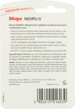 Tył białego opakowania balsamu Blistex MedPlus z opisem nawilżającym, składem i kodem kreskowym.