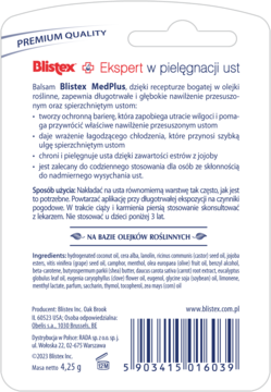 Tył opakowania balsamu Blistex MedPlus do ust z polskim opisem, składem i kodem kreskowym.
