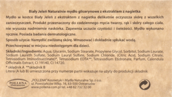 Tył beżowego opakowania hipoalergicznego mydła glicerynowego Biały Jeleń z nagietkiem, widać skład.