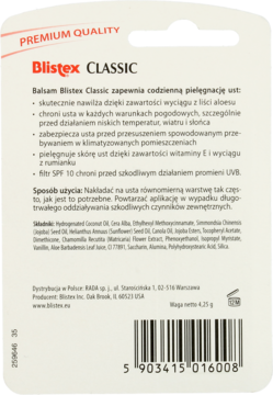 Tył opakowania balsamu Blistex Classic w kartoniku, z widocznym składem, użyciem i kodem EAN.