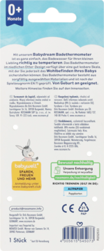 Tył opakowania termometru do kąpieli Babydream dla niemowląt, z instrukcją i informacją '0+ Monate'.