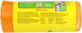 Rolka pomarańczowych worków na śmieci Rossmann 30L z taśmą, tył opakowania z wymiarami 50x60 cm.