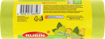 Tył opakowania żółto-zielonych worków na śmieci Rubin, z kodem kreskowym, ikonami recyklingu i cytrynowym zapachem.