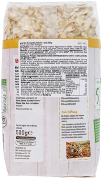 Tył opakowania mieszanki płatków 5 zbóż enerBiO, z widoczną etykietą, składem i instrukcją przygotowania.