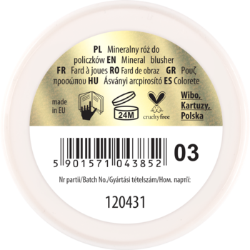 Spód mineralnego różu Lovely, odcień 03, z etykietą zawierającą nazwy w wielu językach, logo Wibo i kod kreskowy.