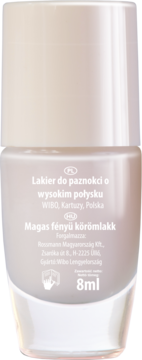 Jasny lakier do paznokci o wysokim połysku 8ml, tył opakowania z polskimi i węgierskimi napisami.