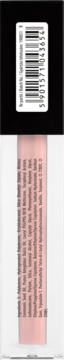 Tył nawilżającego błyszczyka do ust w przezroczystej tubce z jasnoróżowym płynem, kod kreskowy i skład.