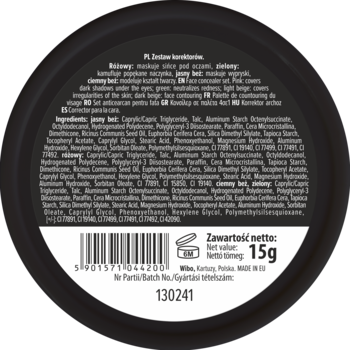 Tył czarnego, okrągłego opakowania zestawu korektorów do zadań specjalnych z listą składników i wagą netto 15g.